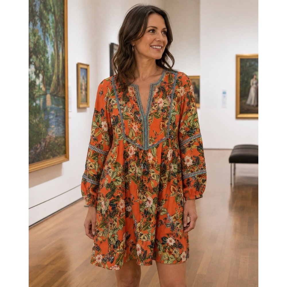 Johnny Was Workshop Dress L Orange Floral Boho Embroidered Tunic Peasant